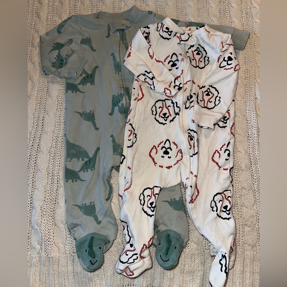 Carter's Green Dinosaur and White Puppy Print Baby Sleepers